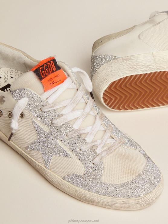 FDVPX228 Golden Goose mujer super-star ltd en cuero blanco y malla con estrella e inserciones en microcristales swarovski plateados