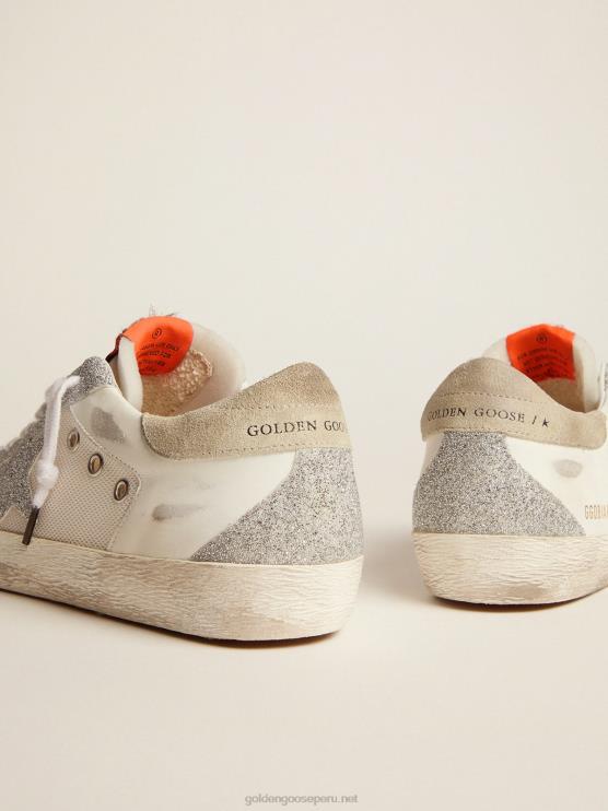 FDVPX228 Golden Goose mujer super-star ltd en cuero blanco y malla con estrella e inserciones en microcristales swarovski plateados