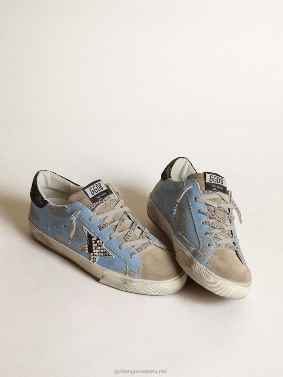FDVPX230 Golden Goose mujer superestrella azul claro con una estrella gris y refuerzo del talón con purpurina