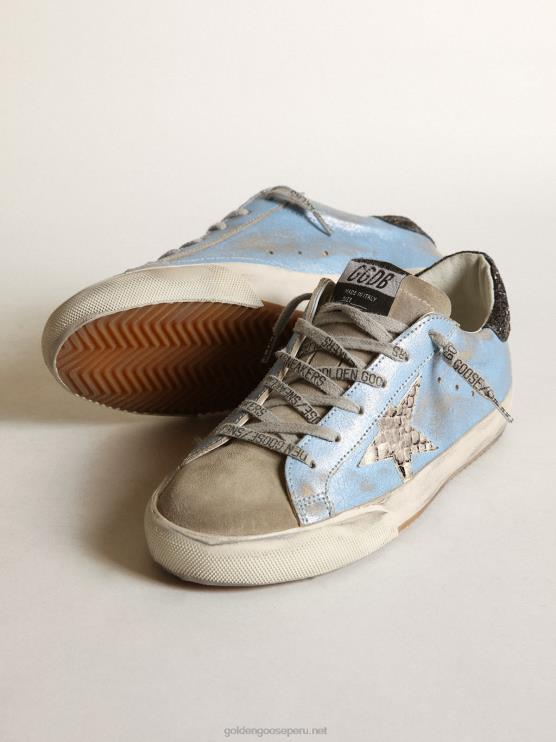 FDVPX230 Golden Goose mujer superestrella azul claro con una estrella gris y refuerzo del talón con purpurina