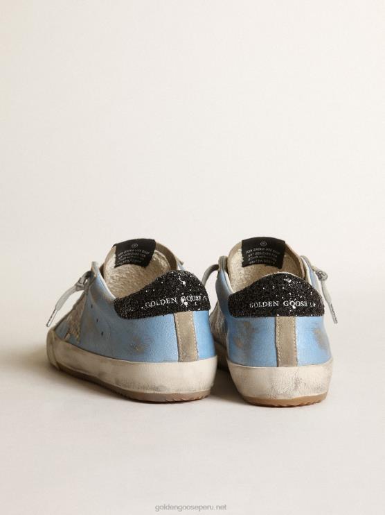 FDVPX230 Golden Goose mujer superestrella azul claro con una estrella gris y refuerzo del talón con purpurina