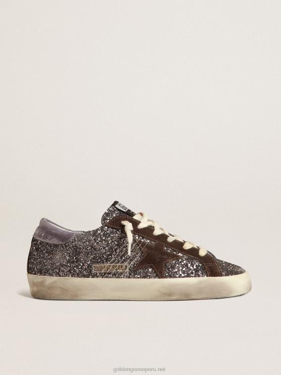 FDVPX240 Golden Goose mujer superestrella en purpurina con estrella marrón y tirador lila en el talón