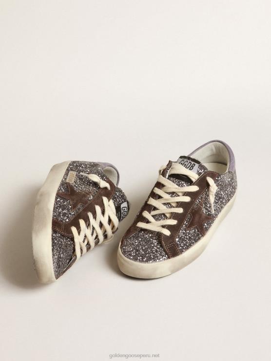 FDVPX240 Golden Goose mujer superestrella en purpurina con estrella marrón y tirador lila en el talón