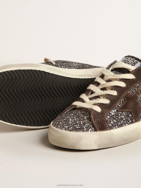FDVPX240 Golden Goose mujer superestrella en purpurina con estrella marrón y tirador lila en el talón