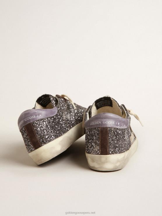 FDVPX240 Golden Goose mujer superestrella en purpurina con estrella marrón y tirador lila en el talón