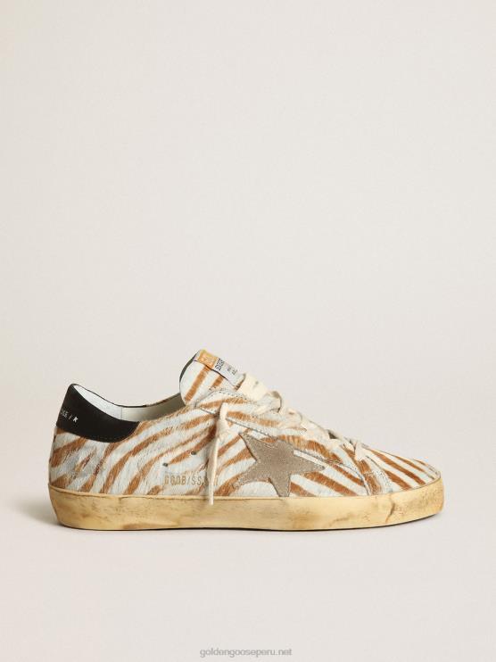 FDVPX243 Golden Goose mujer zapatillas super-star de piel de potro con estampado de cebra y estrella de ante gris tórtola