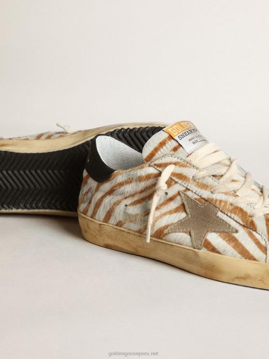 FDVPX243 Golden Goose mujer zapatillas super-star de piel de potro con estampado de cebra y estrella de ante gris tórtola