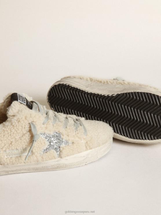 FDVPX246 Golden Goose mujer zapatillas super-star de borrego beis con estrella plateada brillante y refuerzo en el talón