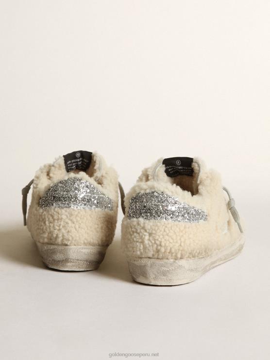 FDVPX246 Golden Goose mujer zapatillas super-star de borrego beis con estrella plateada brillante y refuerzo en el talón