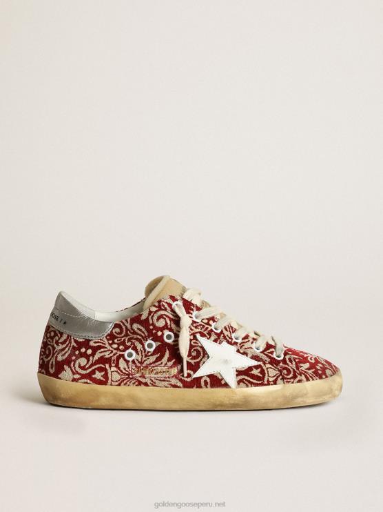 FDVPX270 Golden Goose mujer zapatillas super-star de tejido jacquard rojo oscuro y marfil con estrella de piel blanca