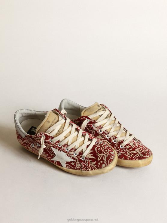 FDVPX270 Golden Goose mujer zapatillas super-star de tejido jacquard rojo oscuro y marfil con estrella de piel blanca