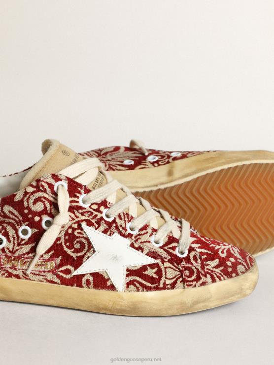 FDVPX270 Golden Goose mujer zapatillas super-star de tejido jacquard rojo oscuro y marfil con estrella de piel blanca