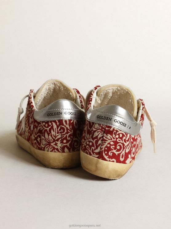 FDVPX270 Golden Goose mujer zapatillas super-star de tejido jacquard rojo oscuro y marfil con estrella de piel blanca