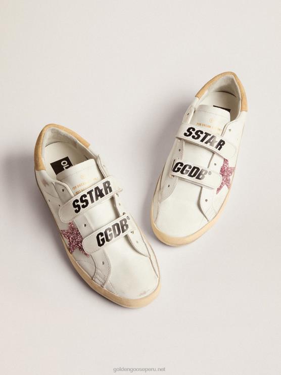FDVPX278 Golden Goose mujer zapatillas deportivas old school con estrella de purpurina rosa y refuerzo del talón de ante color arena