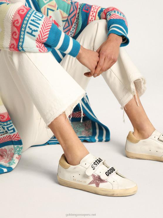 FDVPX278 Golden Goose mujer zapatillas deportivas old school con estrella de purpurina rosa y refuerzo del talón de ante color arena