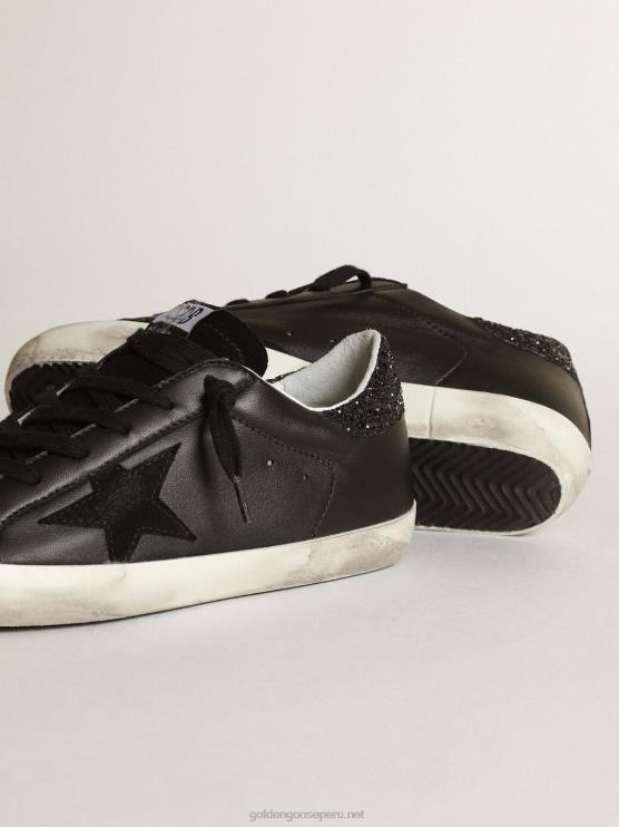 FDVPX285 Golden Goose mujer superestrella de napa negra con estrella negra y refuerzo del talón con purpurina
