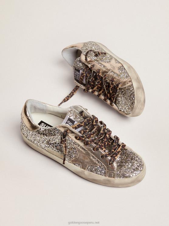 FDVPX286 Golden Goose mujer zapatillas super-star de purpurina color platino con estrella y refuerzo en el talón de piel laminada tono sobre tono