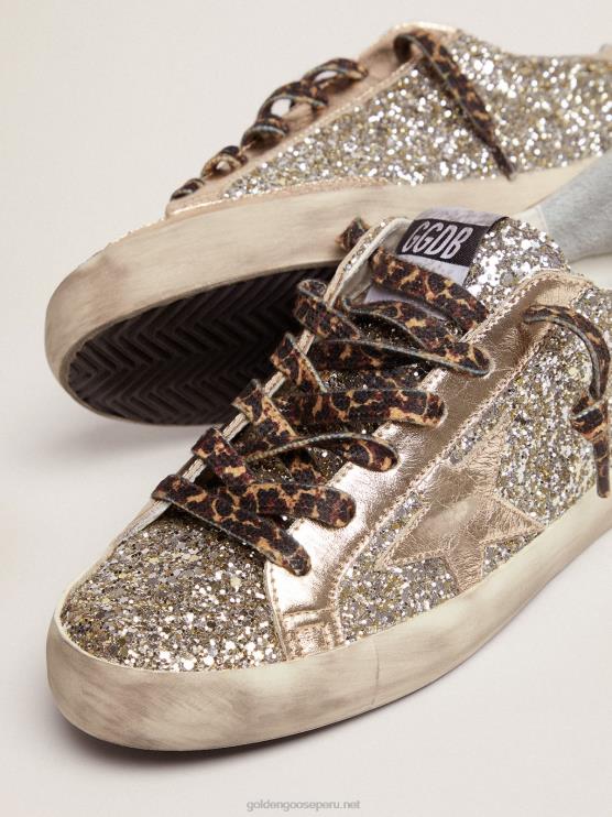 FDVPX286 Golden Goose mujer zapatillas super-star de purpurina color platino con estrella y refuerzo en el talón de piel laminada tono sobre tono