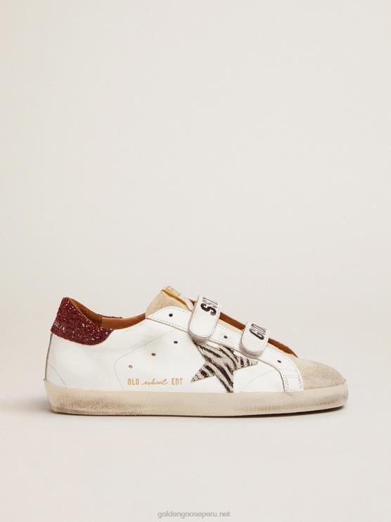 FDVPX30 Golden Goose mujer deportivas old school con estrella de piel de potro con estampado de cebra y refuerzo del talón con purpurina roja