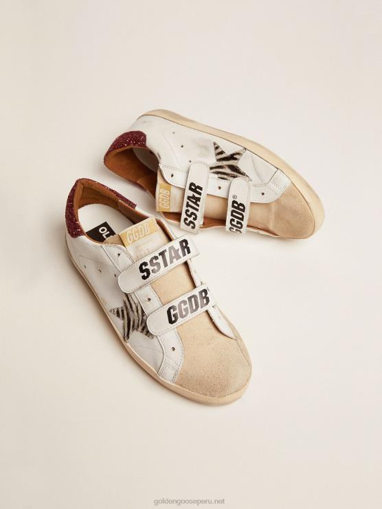 FDVPX30 Golden Goose mujer deportivas old school con estrella de piel de potro con estampado de cebra y refuerzo del talón con purpurina roja
