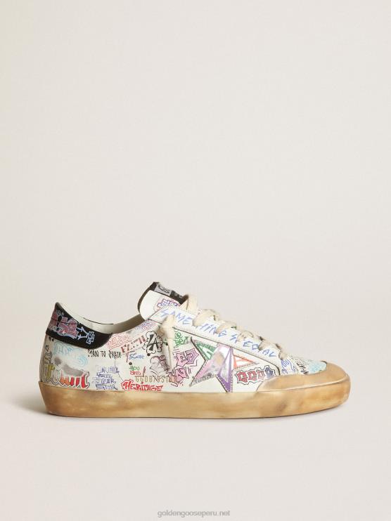FDVPX41 Golden Goose mujer zapatillas super-star penstar de piel blanca con letras multicolores por toda la superficie