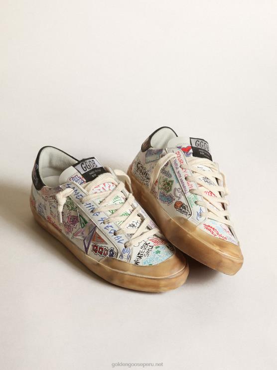 FDVPX41 Golden Goose mujer zapatillas super-star penstar de piel blanca con letras multicolores por toda la superficie