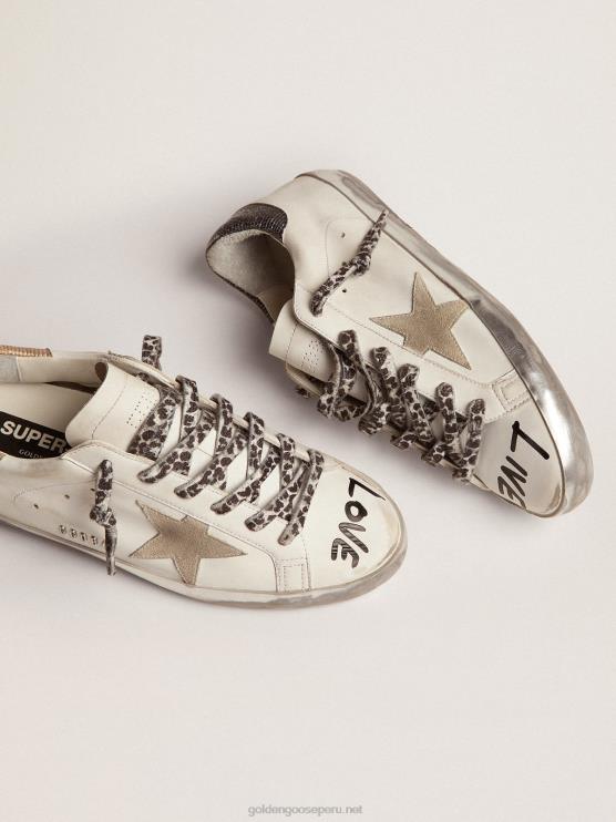 FDVPX46 Golden Goose mujer zapatillas super-star de piel blanca con estrella de ante gris hielo y letras negras en contraste