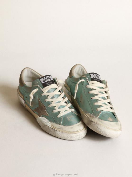 FDVPX48 Golden Goose mujer zapatillas super-star de piel laminada verde menta con estrella de ante gris hielo y multifoxing