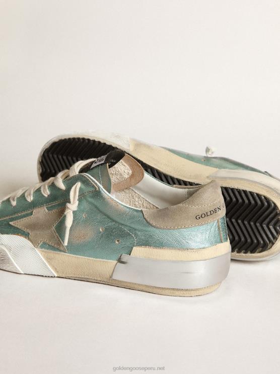 FDVPX48 Golden Goose mujer zapatillas super-star de piel laminada verde menta con estrella de ante gris hielo y multifoxing