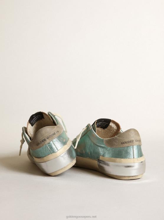 FDVPX48 Golden Goose mujer zapatillas super-star de piel laminada verde menta con estrella de ante gris hielo y multifoxing