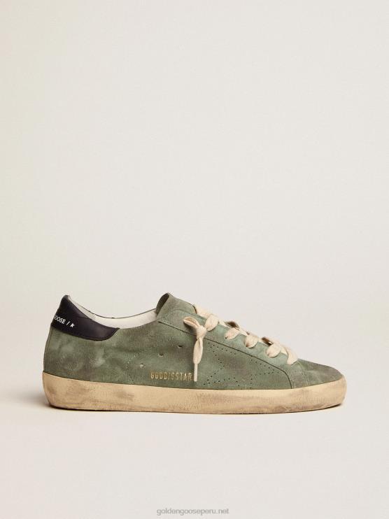 FDVPX49 Golden Goose mujer zapatillas super-star de ante verde militar con estrella perforada y refuerzo del talón de piel azul oscuro