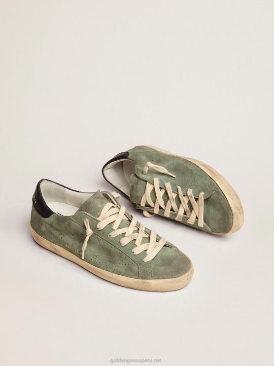 FDVPX49 Golden Goose mujer zapatillas super-star de ante verde militar con estrella perforada y refuerzo del talón de piel azul oscuro