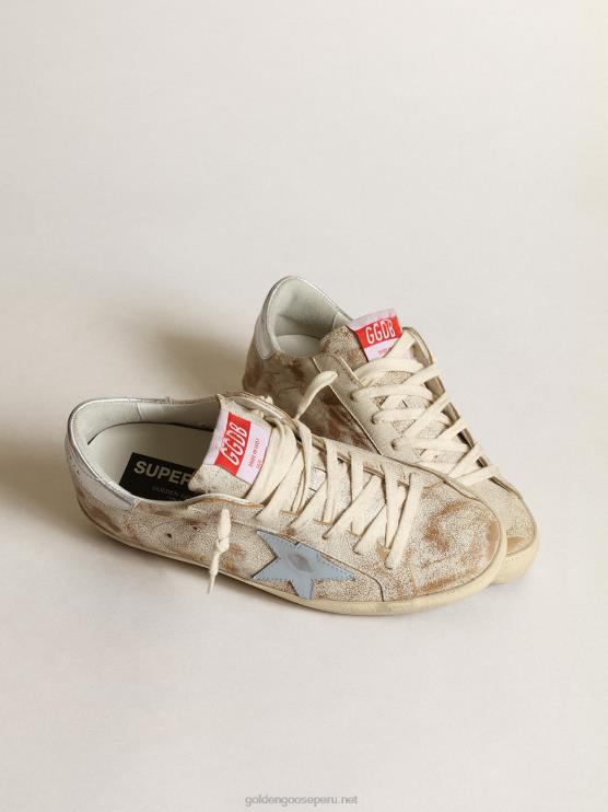 FDVPX50 Golden Goose mujer zapatillas super-star con estrella de piel azul claro ahumado y refuerzo del talón de piel plateada metalizada