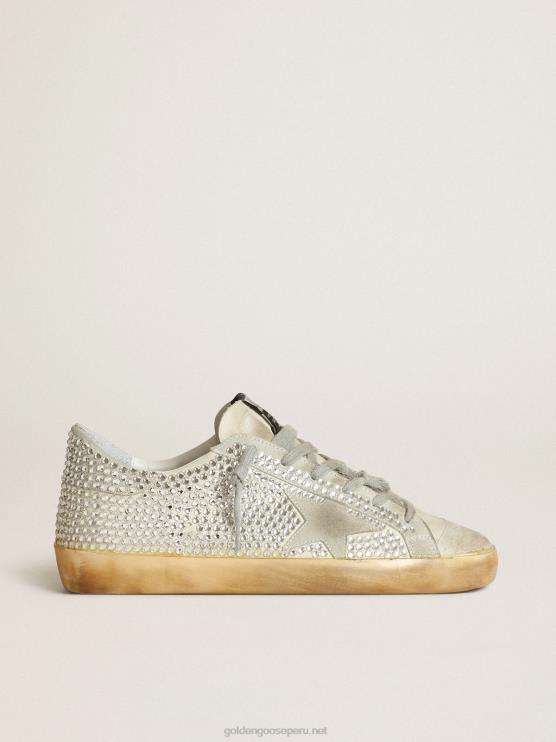 FDVPX53 Golden Goose mujer zapatillas super-star de nubuck blanco roto y cristales de swarovski plateados con estrella de ante gris hielo