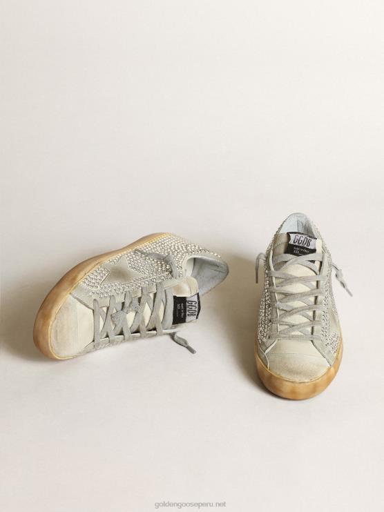 FDVPX53 Golden Goose mujer zapatillas super-star de nubuck blanco roto y cristales de swarovski plateados con estrella de ante gris hielo