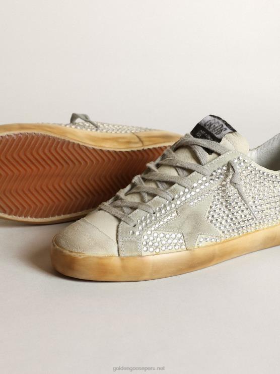 FDVPX53 Golden Goose mujer zapatillas super-star de nubuck blanco roto y cristales de swarovski plateados con estrella de ante gris hielo