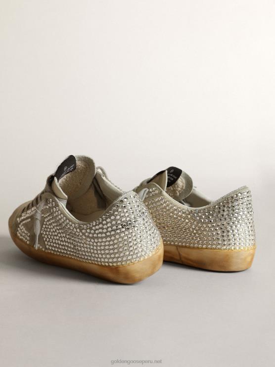 FDVPX53 Golden Goose mujer zapatillas super-star de nubuck blanco roto y cristales de swarovski plateados con estrella de ante gris hielo