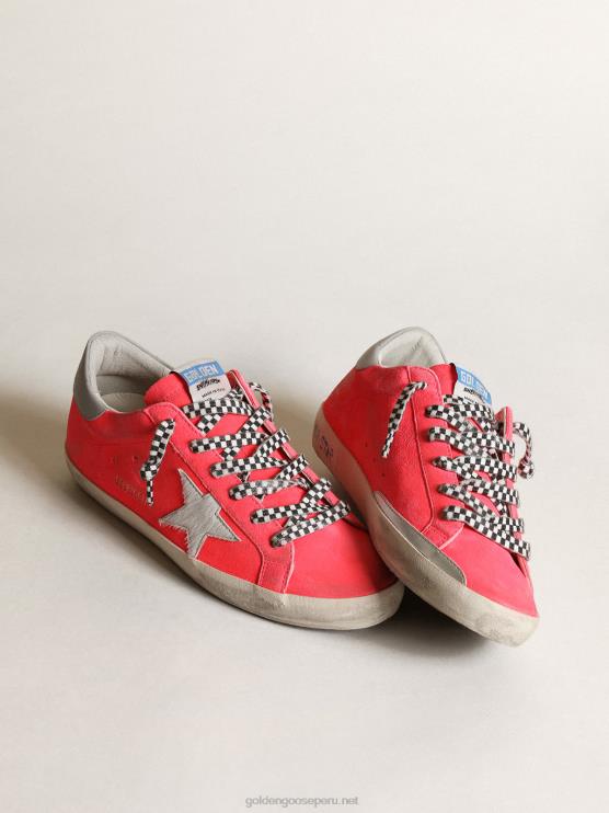 FDVPX54 Golden Goose mujer Deportivas super-star de ante color bogavante flúor con estrella de piel de potro blanca