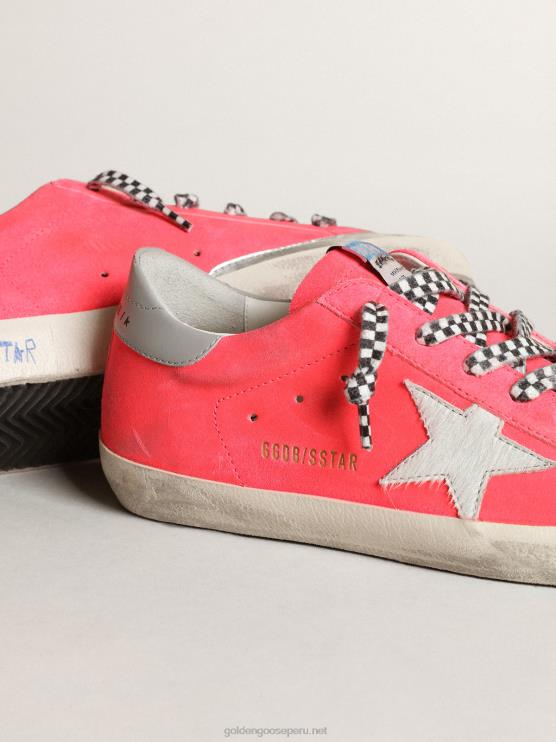 FDVPX54 Golden Goose mujer Deportivas super-star de ante color bogavante flúor con estrella de piel de potro blanca