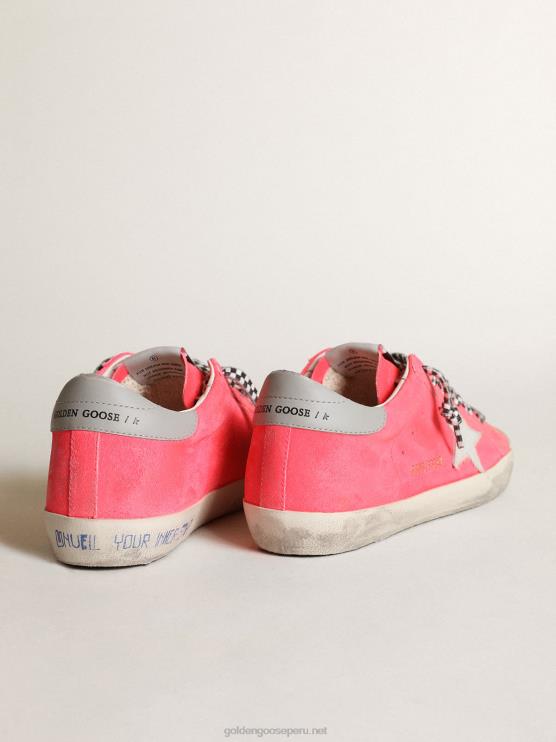 FDVPX54 Golden Goose mujer Deportivas super-star de ante color bogavante flúor con estrella de piel de potro blanca