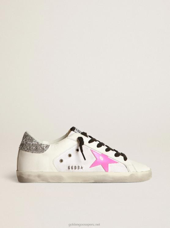 FDVPX66 Golden Goose mujer zapatillas deportivas super-star de piel y lona blancas con estrella de piel rosa