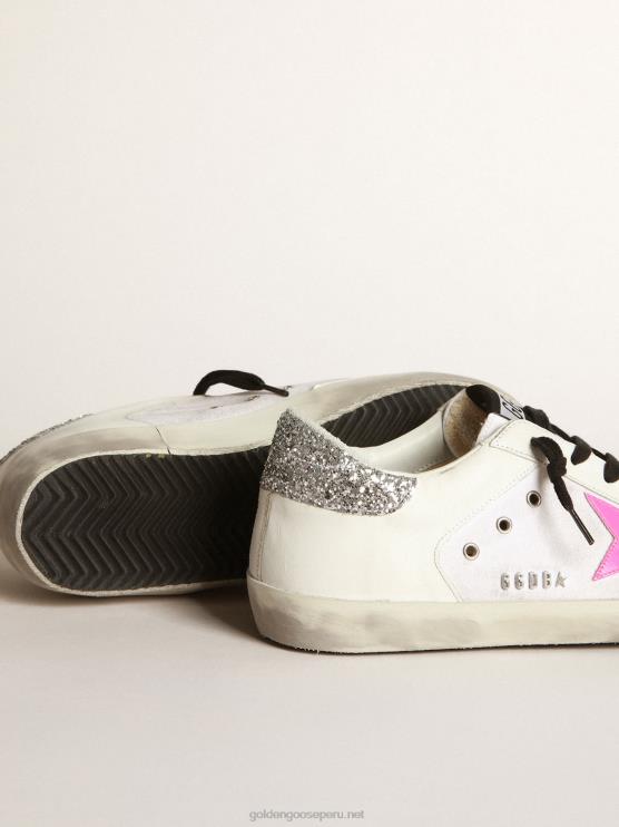 FDVPX66 Golden Goose mujer zapatillas deportivas super-star de piel y lona blancas con estrella de piel rosa