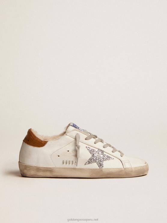 FDVPX86 Golden Goose mujer zapatillas deportivas super-star con forro de borrego estrella plateada con purpurina y refuerzo del talón de piel gris tórtola con estampado de lagartos