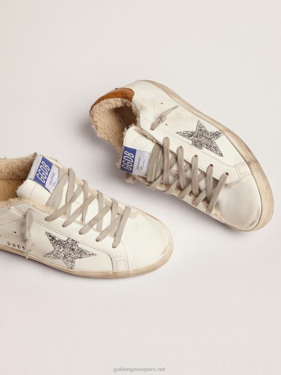 FDVPX86 Golden Goose mujer zapatillas deportivas super-star con forro de borrego estrella plateada con purpurina y refuerzo del talón de piel gris tórtola con estampado de lagartos