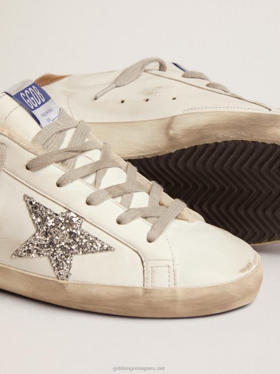 FDVPX86 Golden Goose mujer zapatillas deportivas super-star con forro de borrego estrella plateada con purpurina y refuerzo del talón de piel gris tórtola con estampado de lagartos