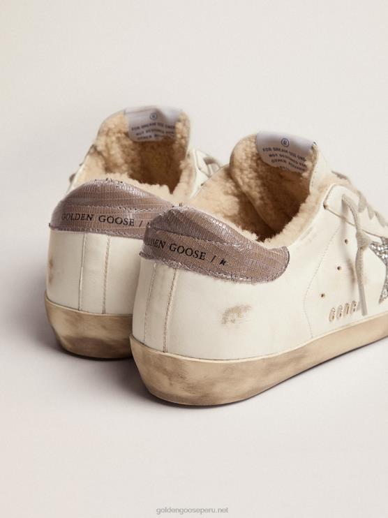 FDVPX86 Golden Goose mujer zapatillas deportivas super-star con forro de borrego estrella plateada con purpurina y refuerzo del talón de piel gris tórtola con estampado de lagartos