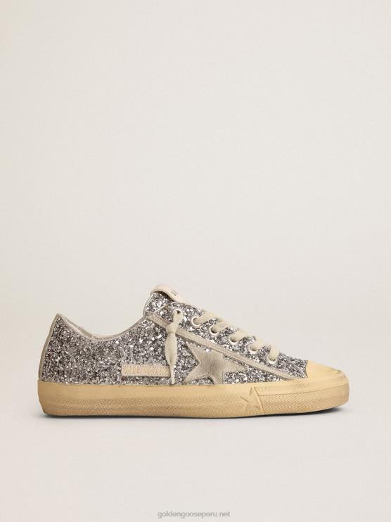 FDVPX125 Golden Goose mujer zapatillas v-star ltd con purpurina plateada y estrella de ante gris hielo