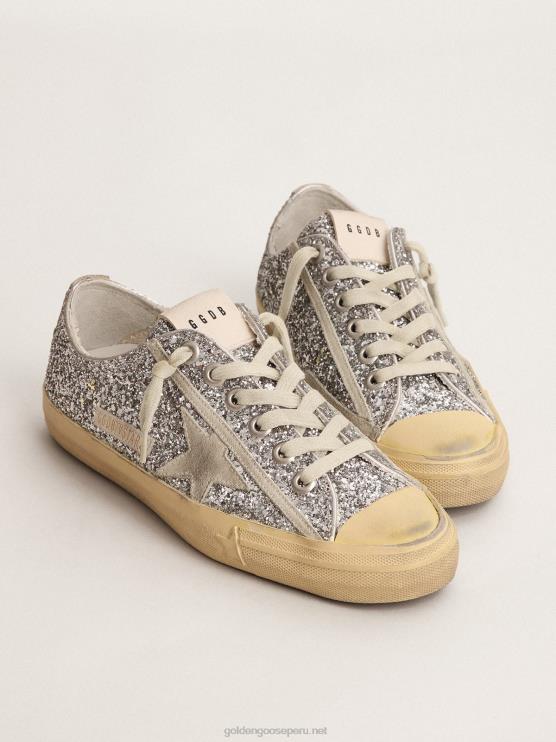 FDVPX125 Golden Goose mujer zapatillas v-star ltd con purpurina plateada y estrella de ante gris hielo