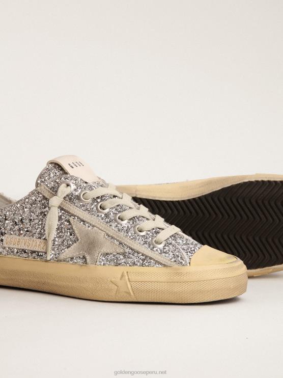 FDVPX125 Golden Goose mujer zapatillas v-star ltd con purpurina plateada y estrella de ante gris hielo