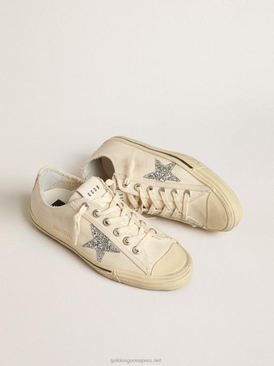 FDVPX157 Golden Goose mujer v-star de lona beige con estrella plateada brillante